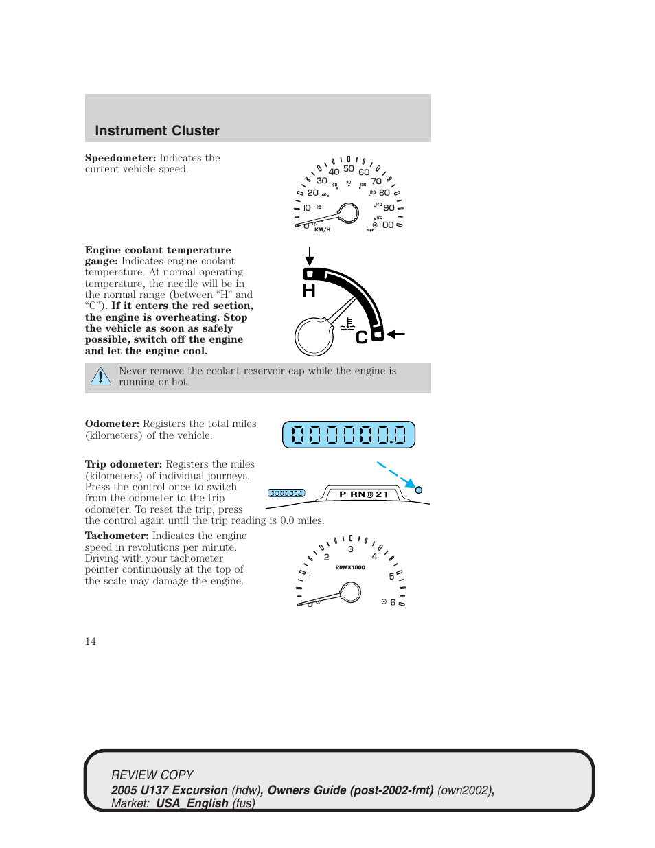 Instrument cluster | FORD 2005 Excursion v.1 User Manual | Page 14 / 280