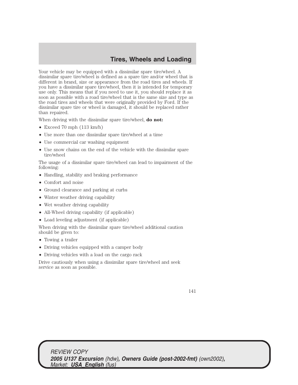 Tires, wheels and loading | FORD 2005 Excursion v.1 User Manual | Page 141 / 280