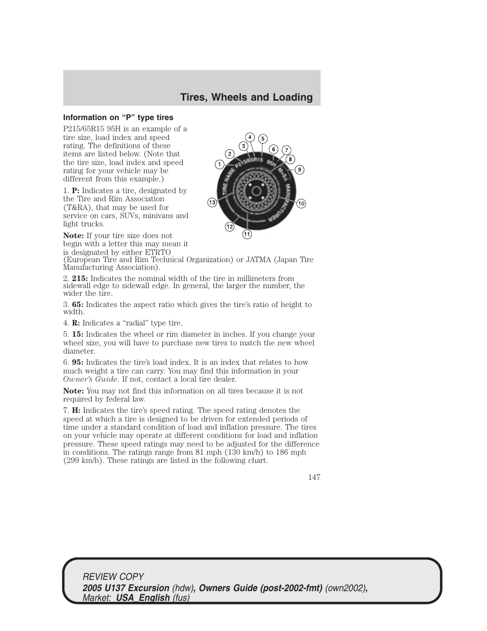 Tires, wheels and loading | FORD 2005 Excursion v.1 User Manual | Page 147 / 280