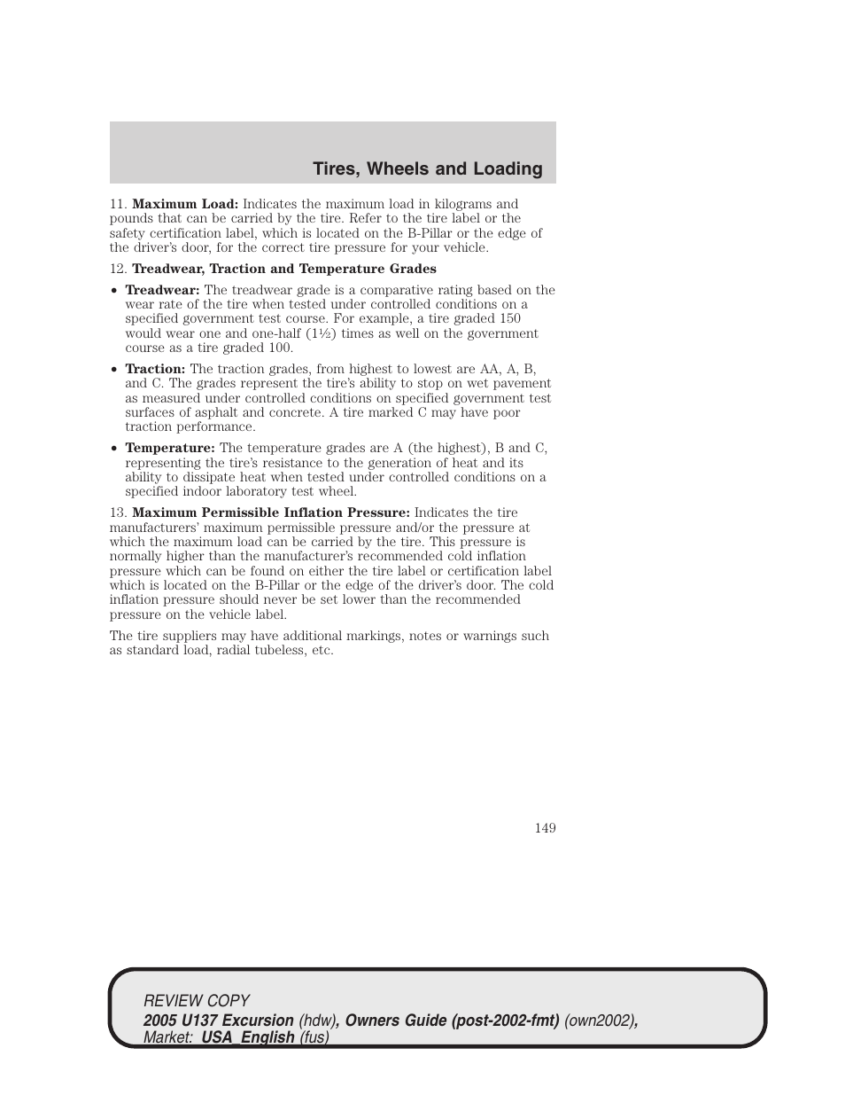 Tires, wheels and loading | FORD 2005 Excursion v.1 User Manual | Page 149 / 280
