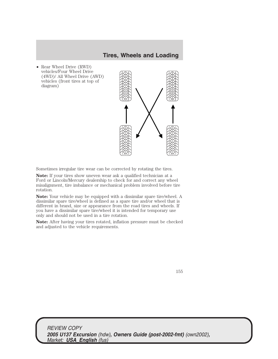 Tires, wheels and loading | FORD 2005 Excursion v.1 User Manual | Page 155 / 280
