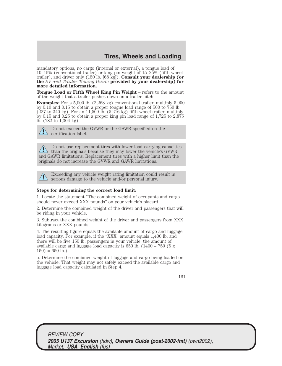 Tires, wheels and loading | FORD 2005 Excursion v.1 User Manual | Page 161 / 280