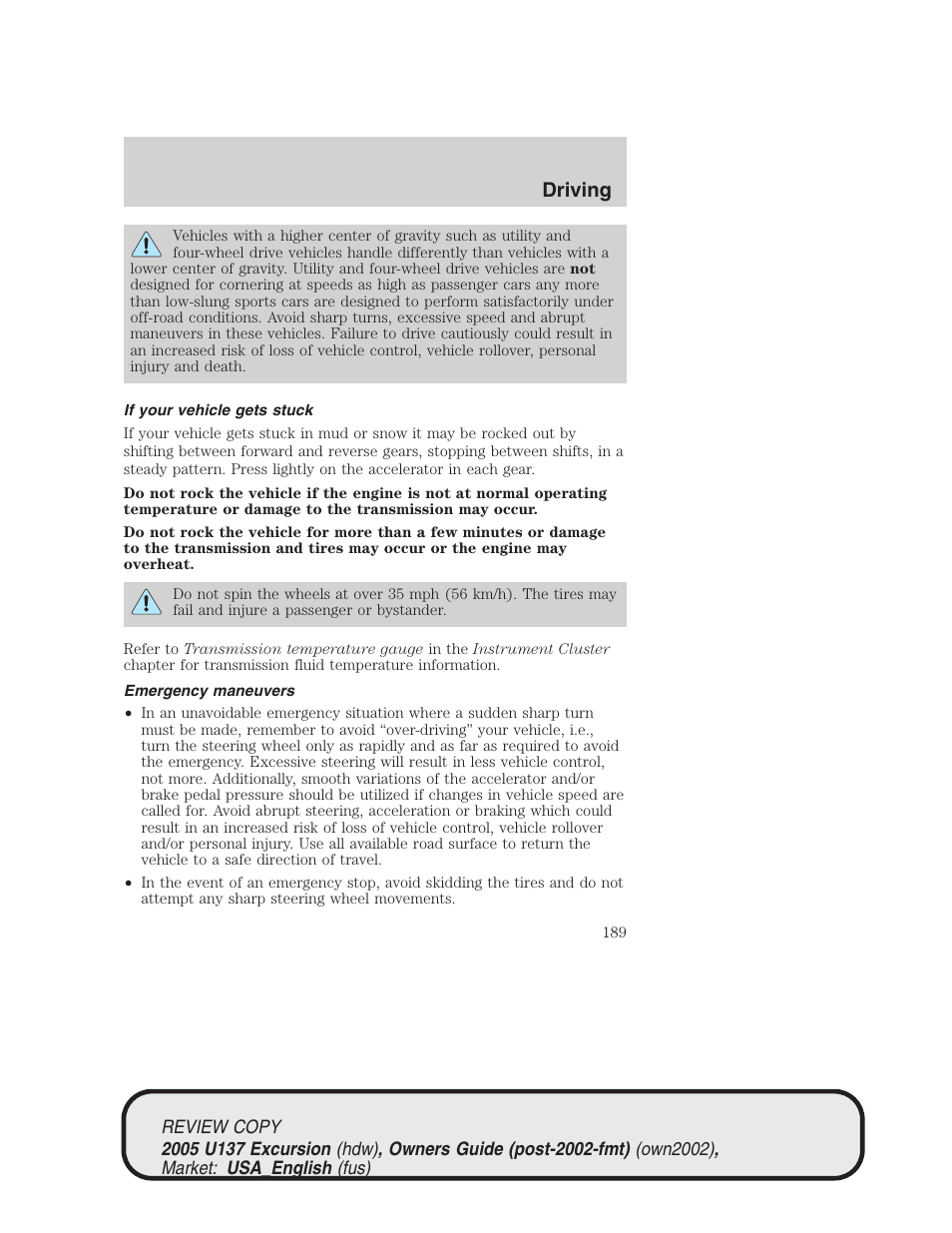 Driving | FORD 2005 Excursion v.1 User Manual | Page 189 / 280