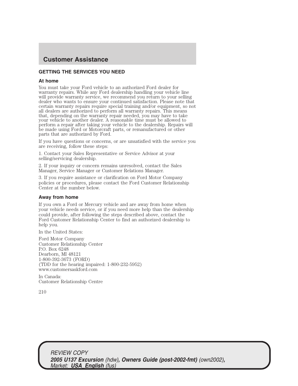 Customer assistance | FORD 2005 Excursion v.1 User Manual | Page 210 / 280