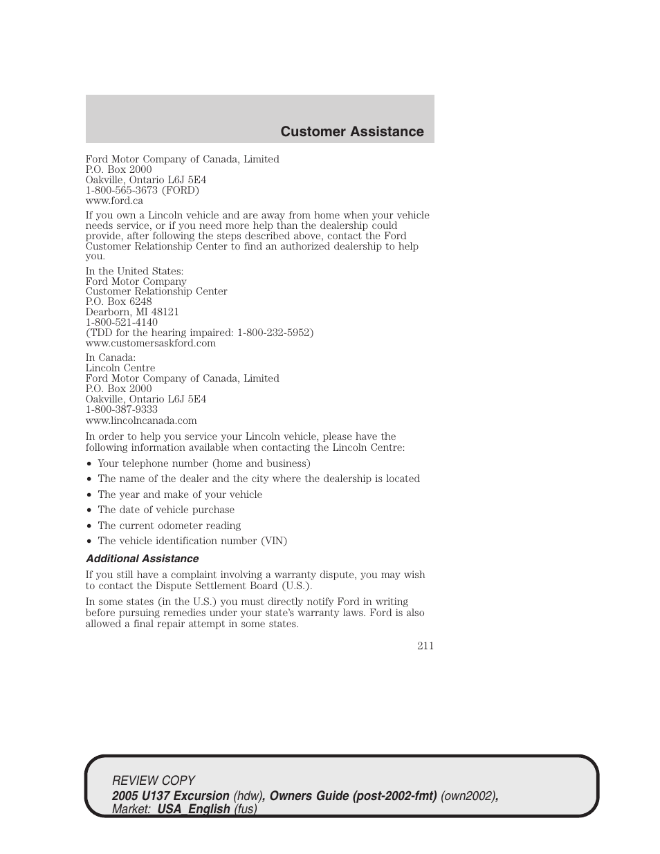 Customer assistance | FORD 2005 Excursion v.1 User Manual | Page 211 / 280