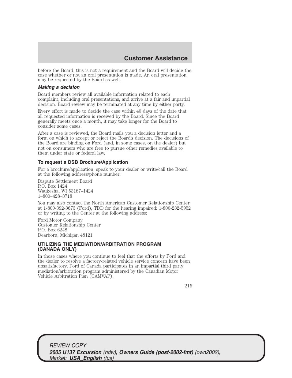 Customer assistance | FORD 2005 Excursion v.1 User Manual | Page 215 / 280