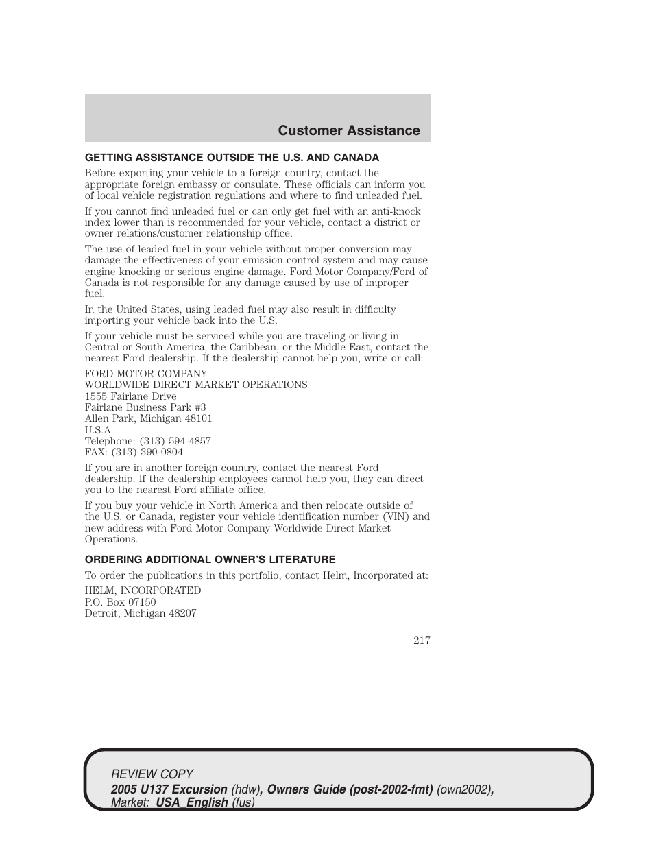 Customer assistance | FORD 2005 Excursion v.1 User Manual | Page 217 / 280