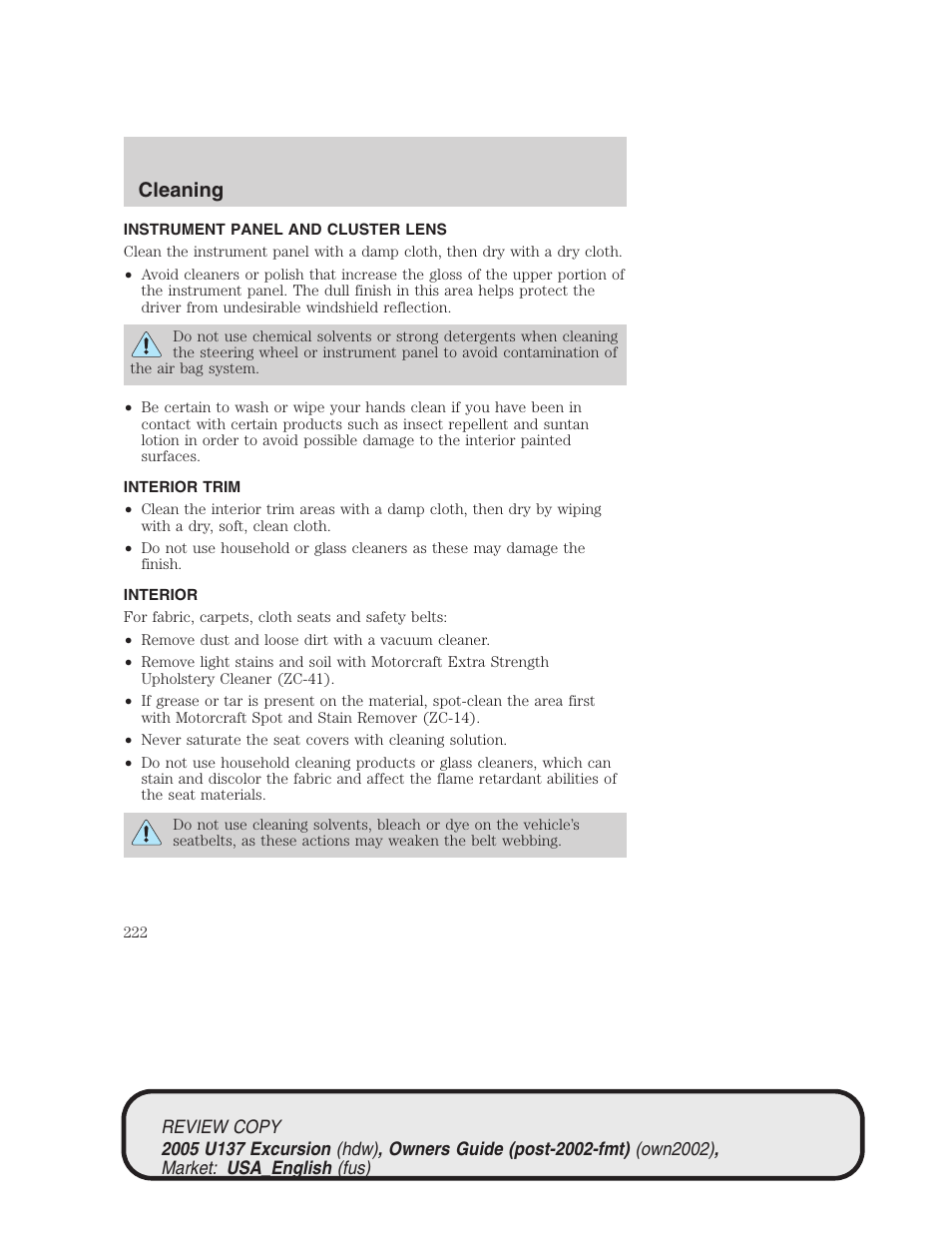Cleaning | FORD 2005 Excursion v.1 User Manual | Page 222 / 280
