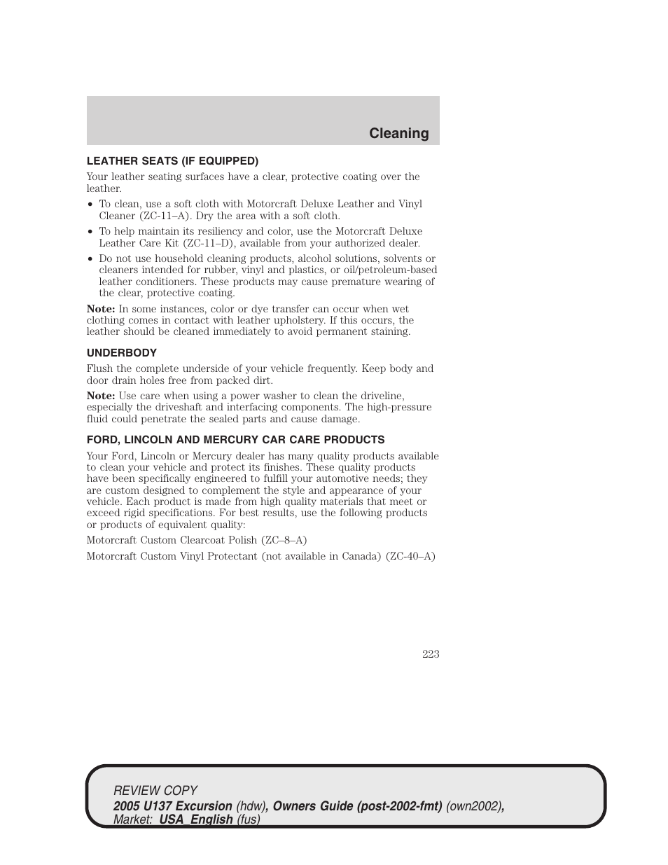 Cleaning | FORD 2005 Excursion v.1 User Manual | Page 223 / 280