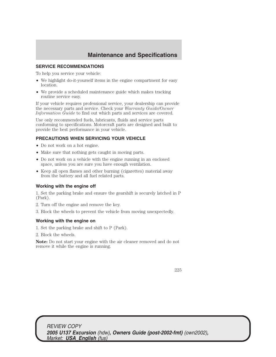 Maintenance and specifications | FORD 2005 Excursion v.1 User Manual | Page 225 / 280