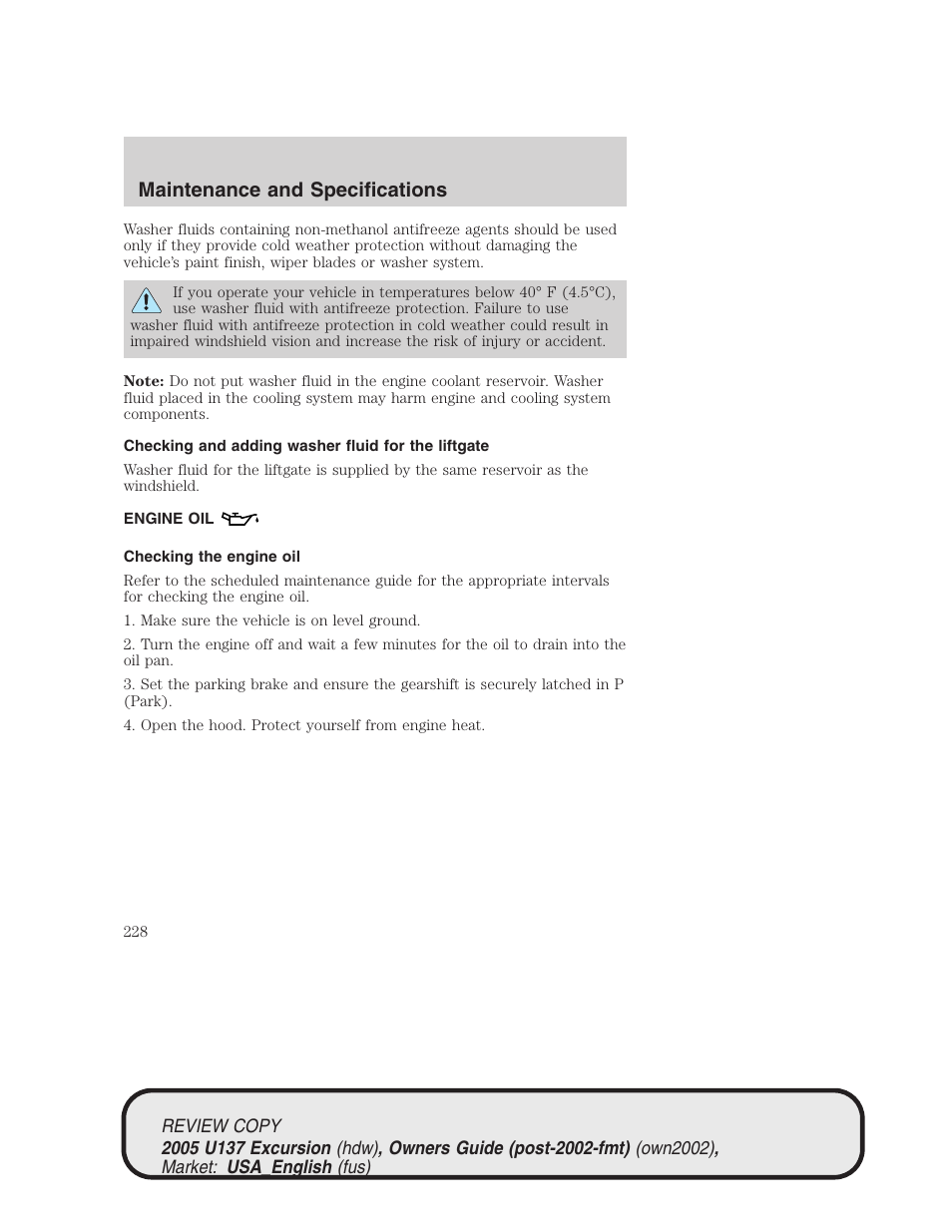 Maintenance and specifications | FORD 2005 Excursion v.1 User Manual | Page 228 / 280