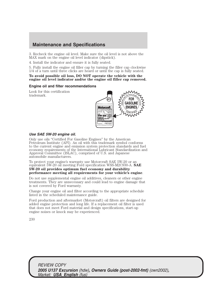 Maintenance and specifications | FORD 2005 Excursion v.1 User Manual | Page 230 / 280