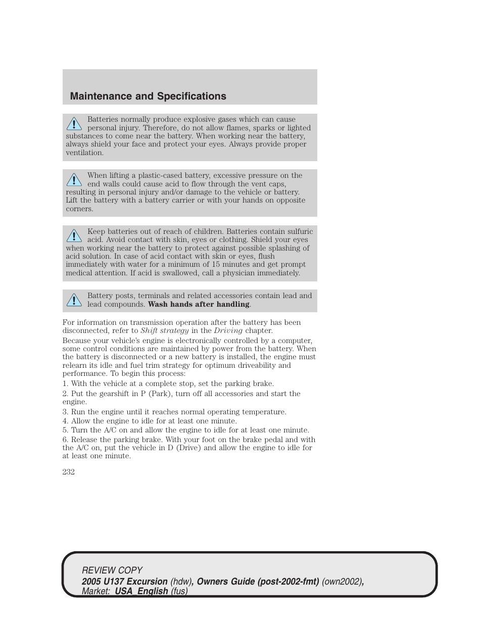 Maintenance and specifications | FORD 2005 Excursion v.1 User Manual | Page 232 / 280