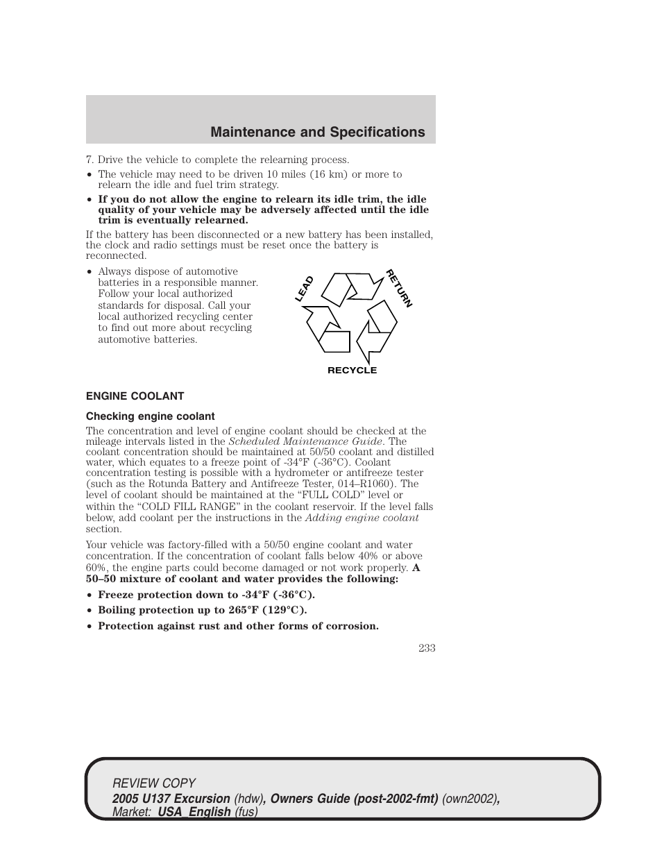 Maintenance and specifications | FORD 2005 Excursion v.1 User Manual | Page 233 / 280