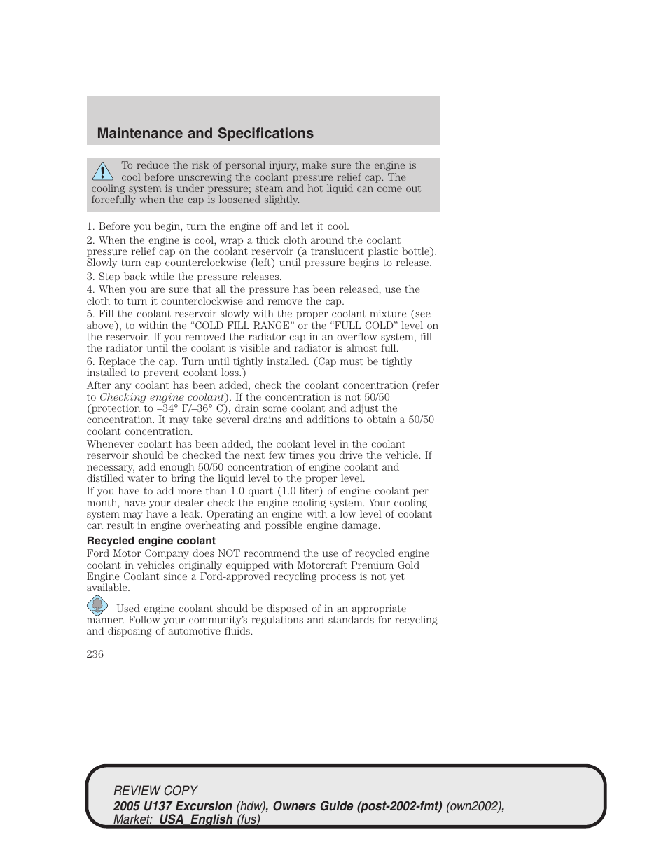 Maintenance and specifications | FORD 2005 Excursion v.1 User Manual | Page 236 / 280
