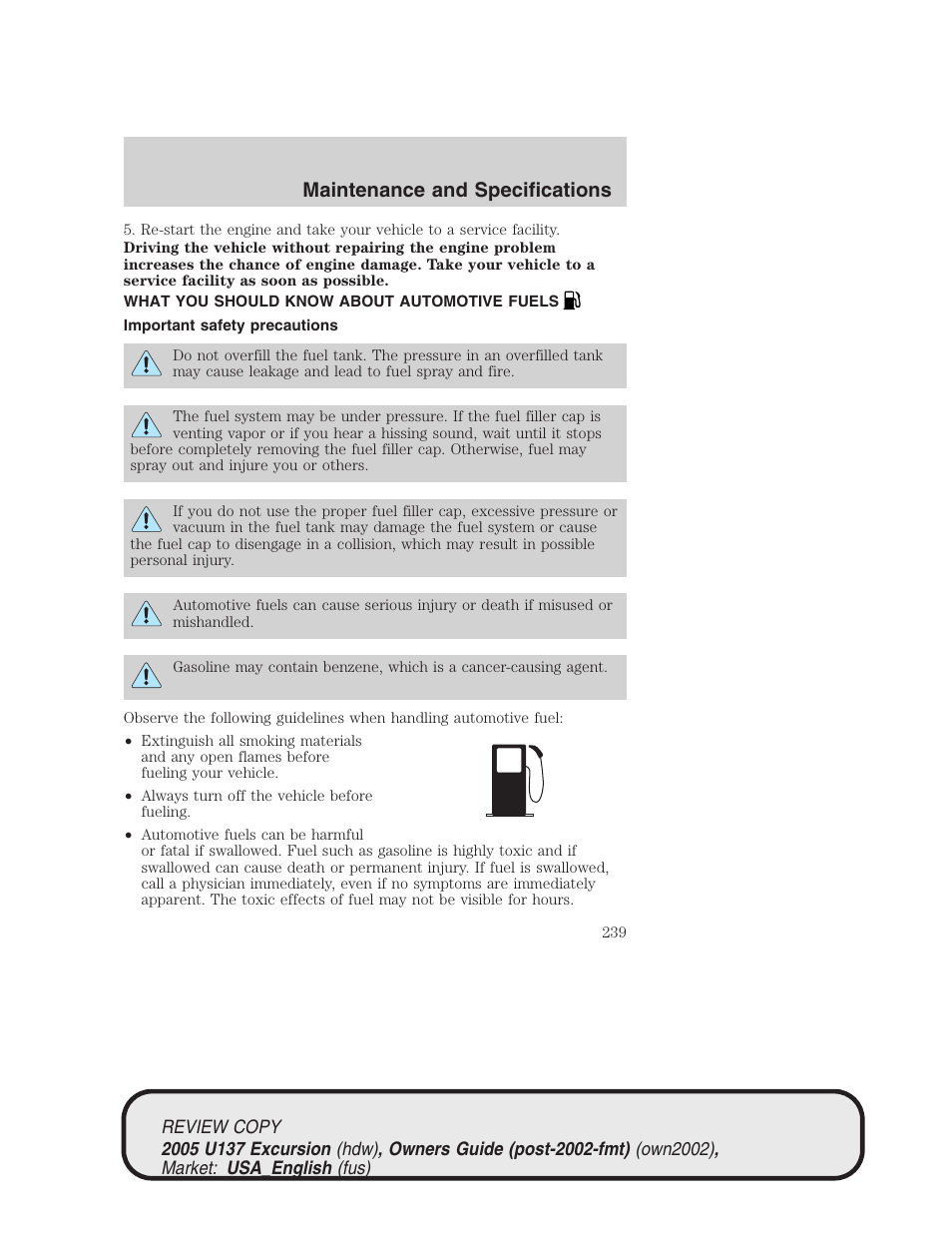 Maintenance and specifications | FORD 2005 Excursion v.1 User Manual | Page 239 / 280