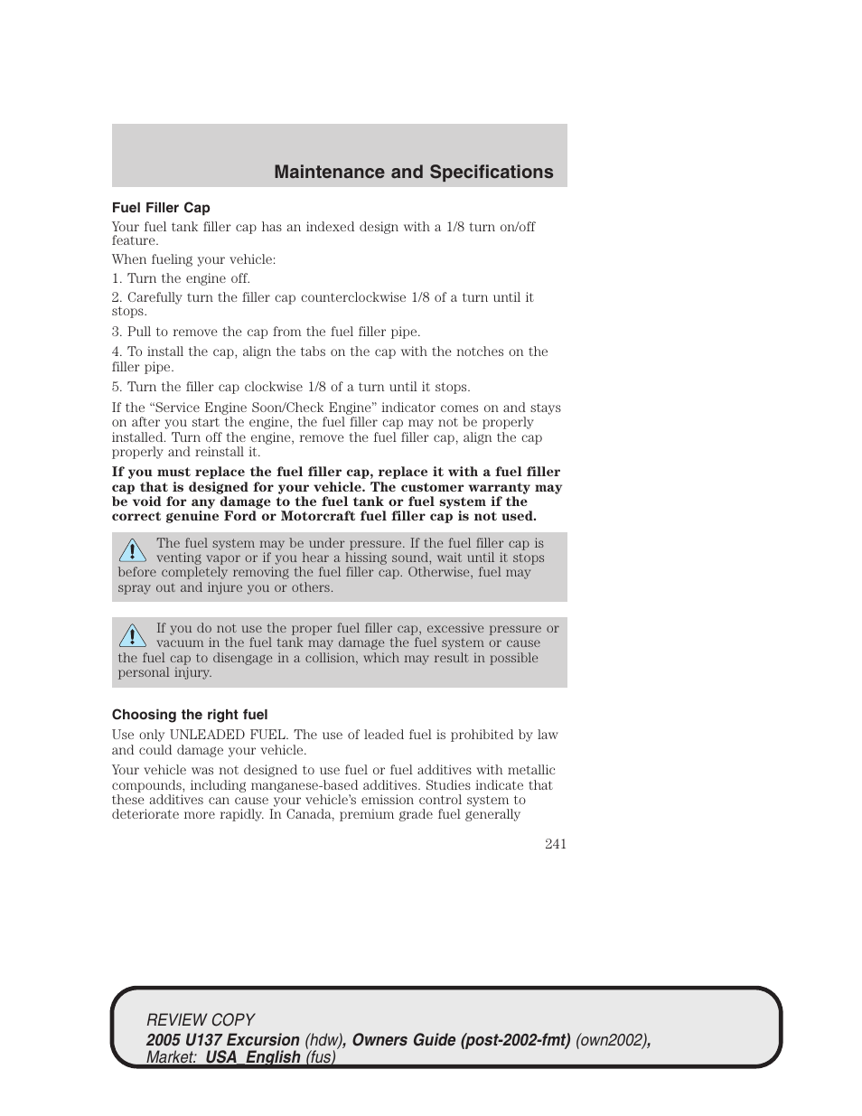 Maintenance and specifications | FORD 2005 Excursion v.1 User Manual | Page 241 / 280