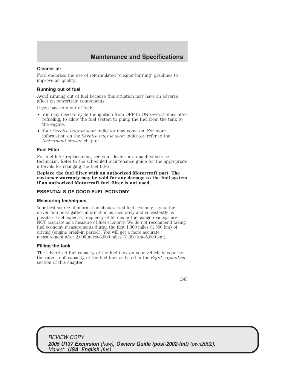 Maintenance and specifications | FORD 2005 Excursion v.1 User Manual | Page 243 / 280