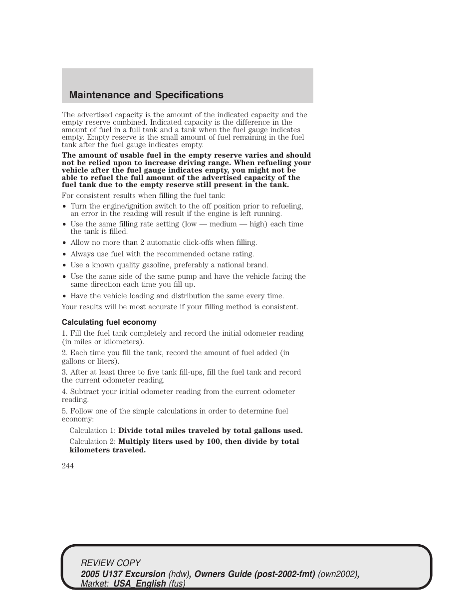 Maintenance and specifications | FORD 2005 Excursion v.1 User Manual | Page 244 / 280