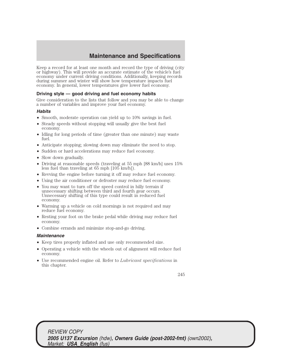 Maintenance and specifications | FORD 2005 Excursion v.1 User Manual | Page 245 / 280