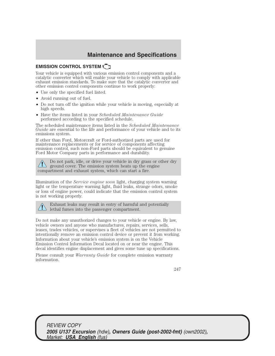 Maintenance and specifications | FORD 2005 Excursion v.1 User Manual | Page 247 / 280