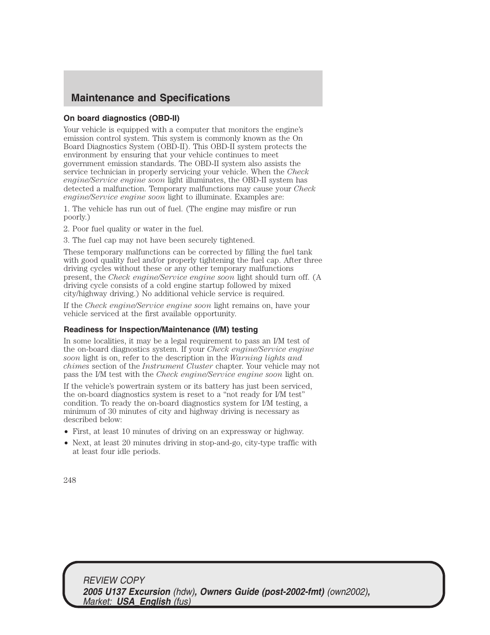 Maintenance and specifications | FORD 2005 Excursion v.1 User Manual | Page 248 / 280
