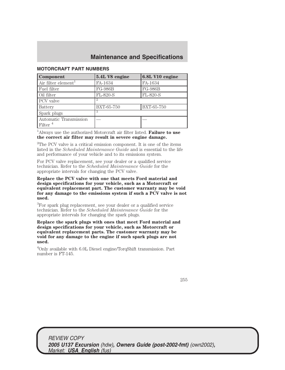 Maintenance and specifications | FORD 2005 Excursion v.1 User Manual | Page 255 / 280