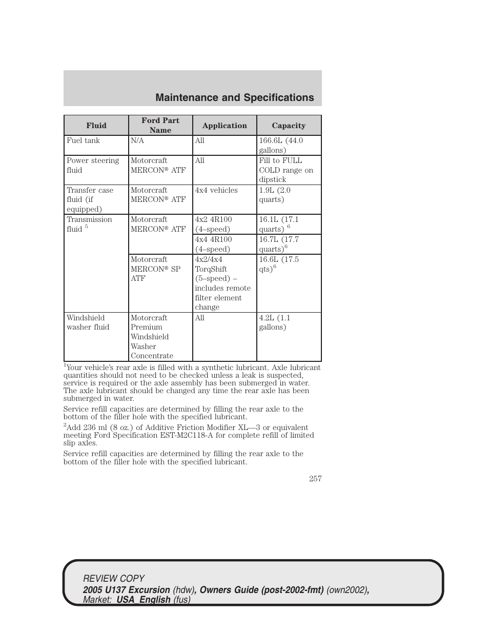Maintenance and specifications | FORD 2005 Excursion v.1 User Manual | Page 257 / 280