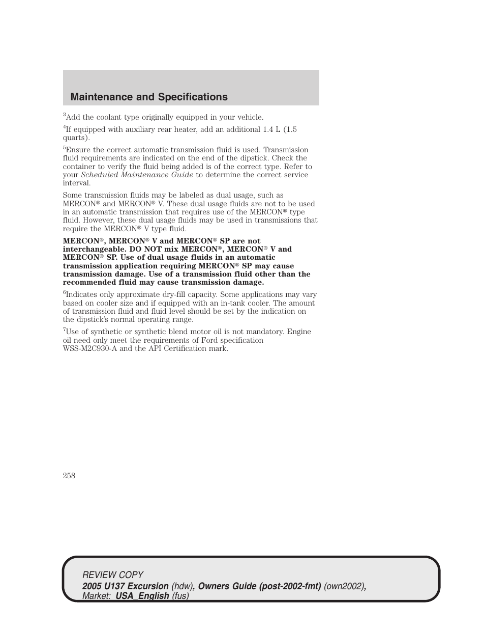 Maintenance and specifications | FORD 2005 Excursion v.1 User Manual | Page 258 / 280
