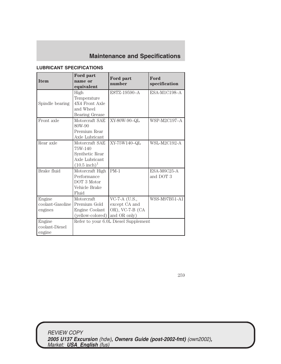 Maintenance and specifications | FORD 2005 Excursion v.1 User Manual | Page 259 / 280