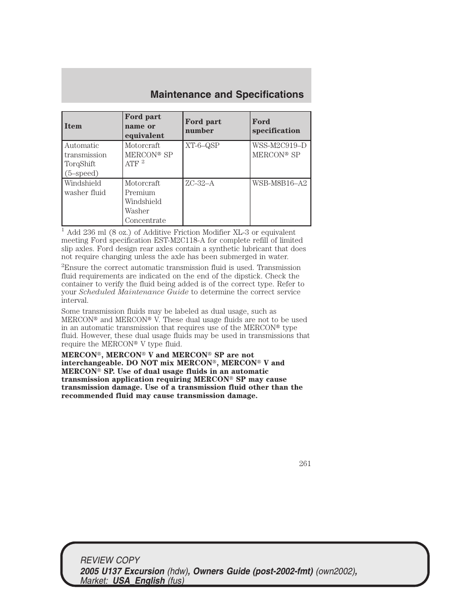 Maintenance and specifications | FORD 2005 Excursion v.1 User Manual | Page 261 / 280