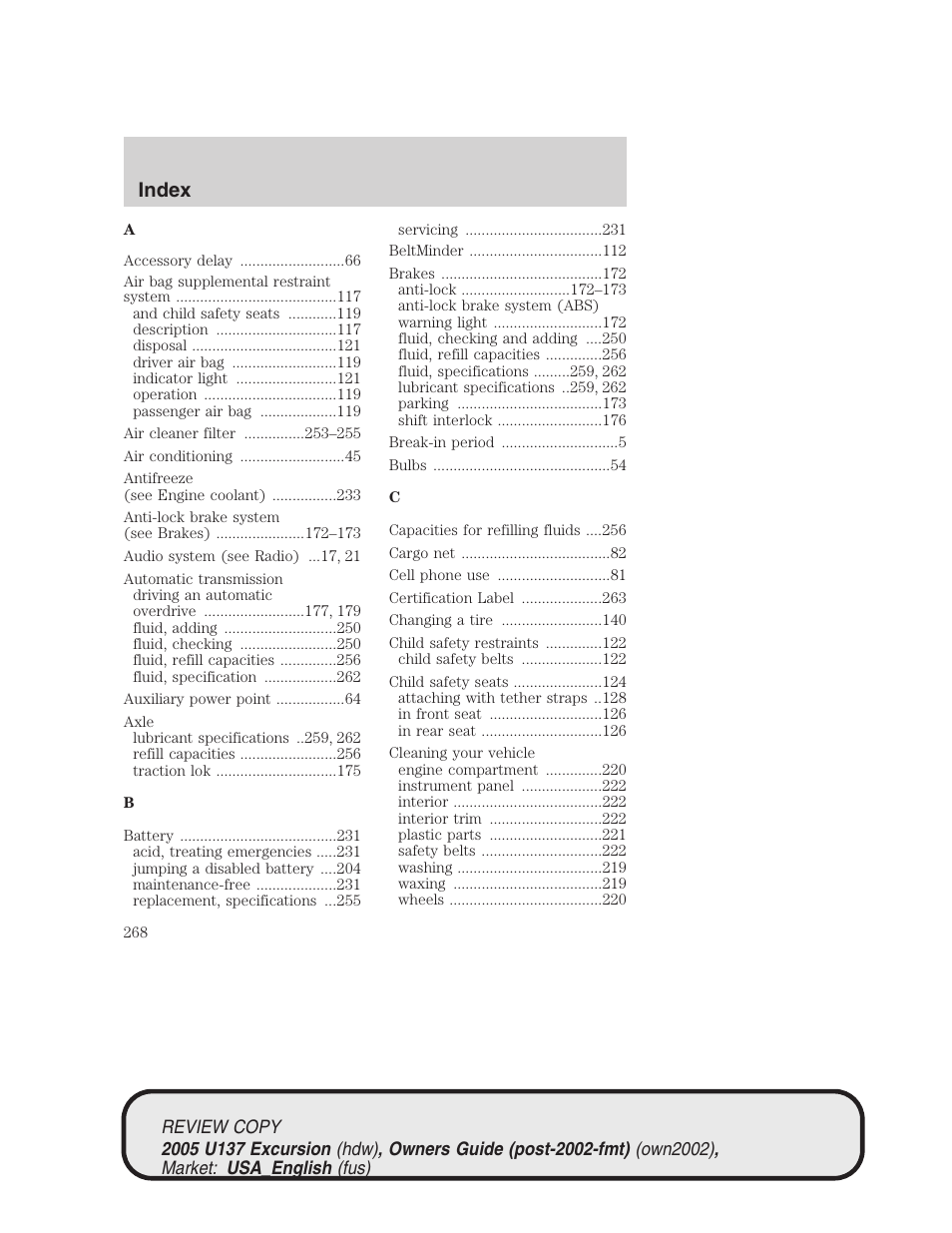 Index | FORD 2005 Excursion v.1 User Manual | Page 268 / 280