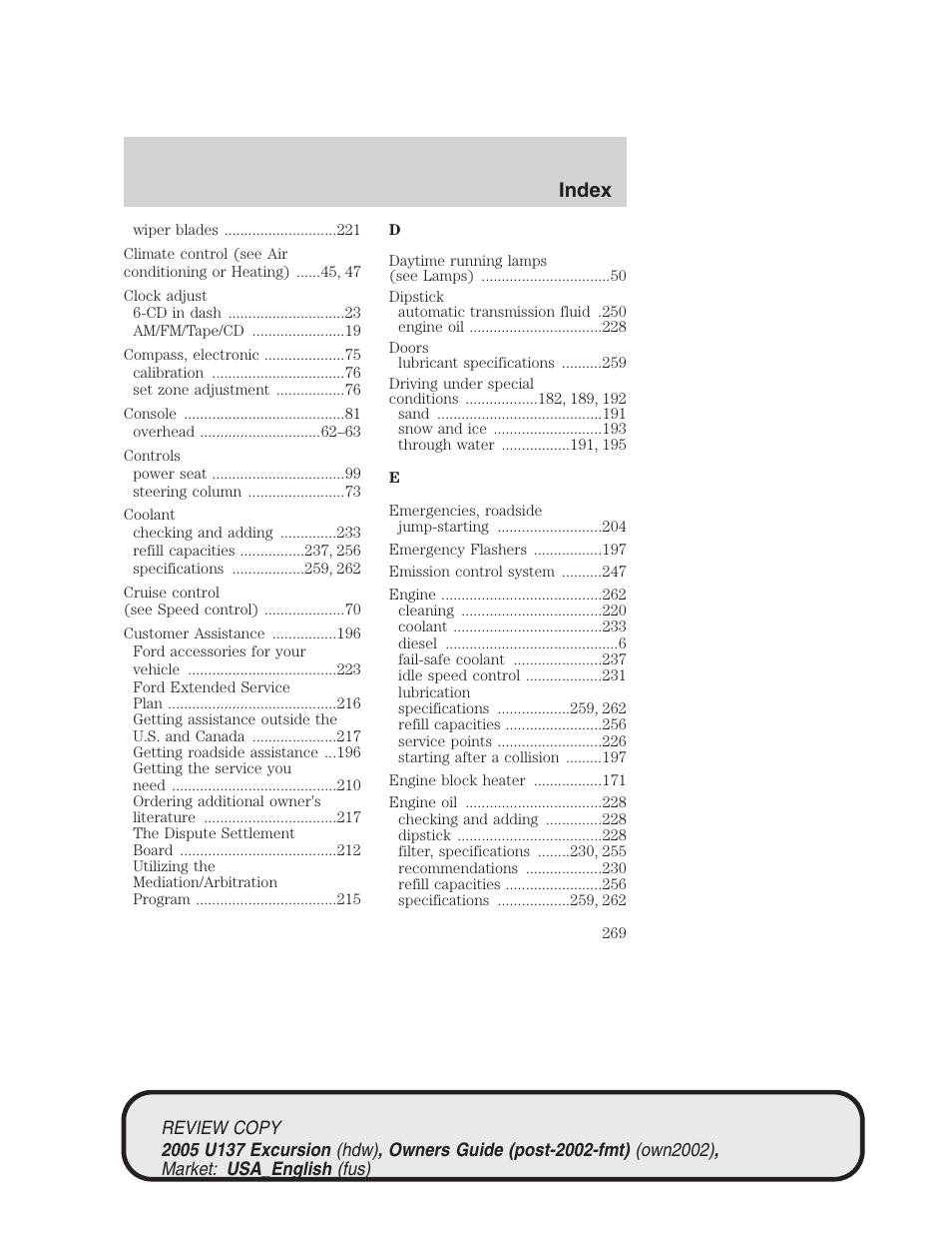 Index | FORD 2005 Excursion v.1 User Manual | Page 269 / 280