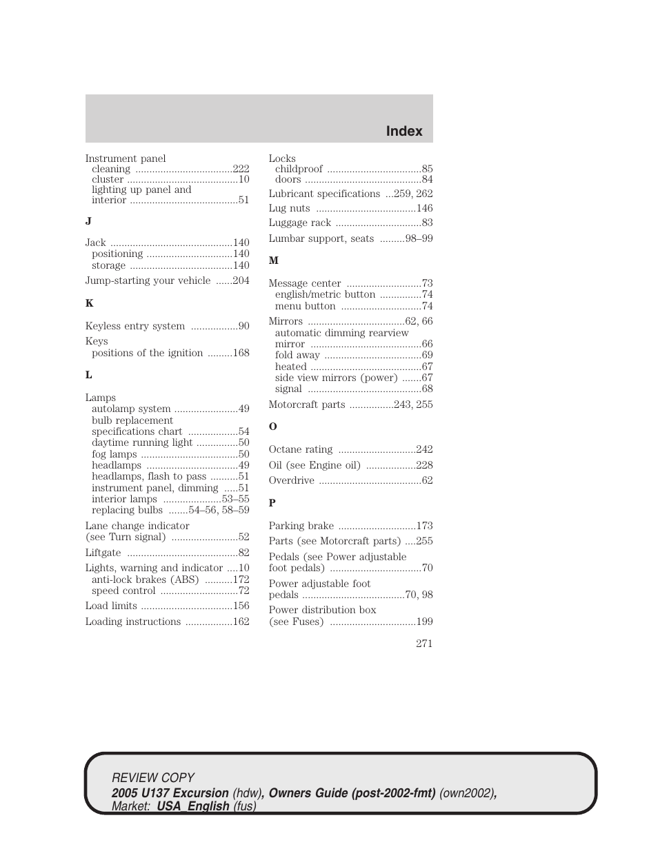 Index | FORD 2005 Excursion v.1 User Manual | Page 271 / 280