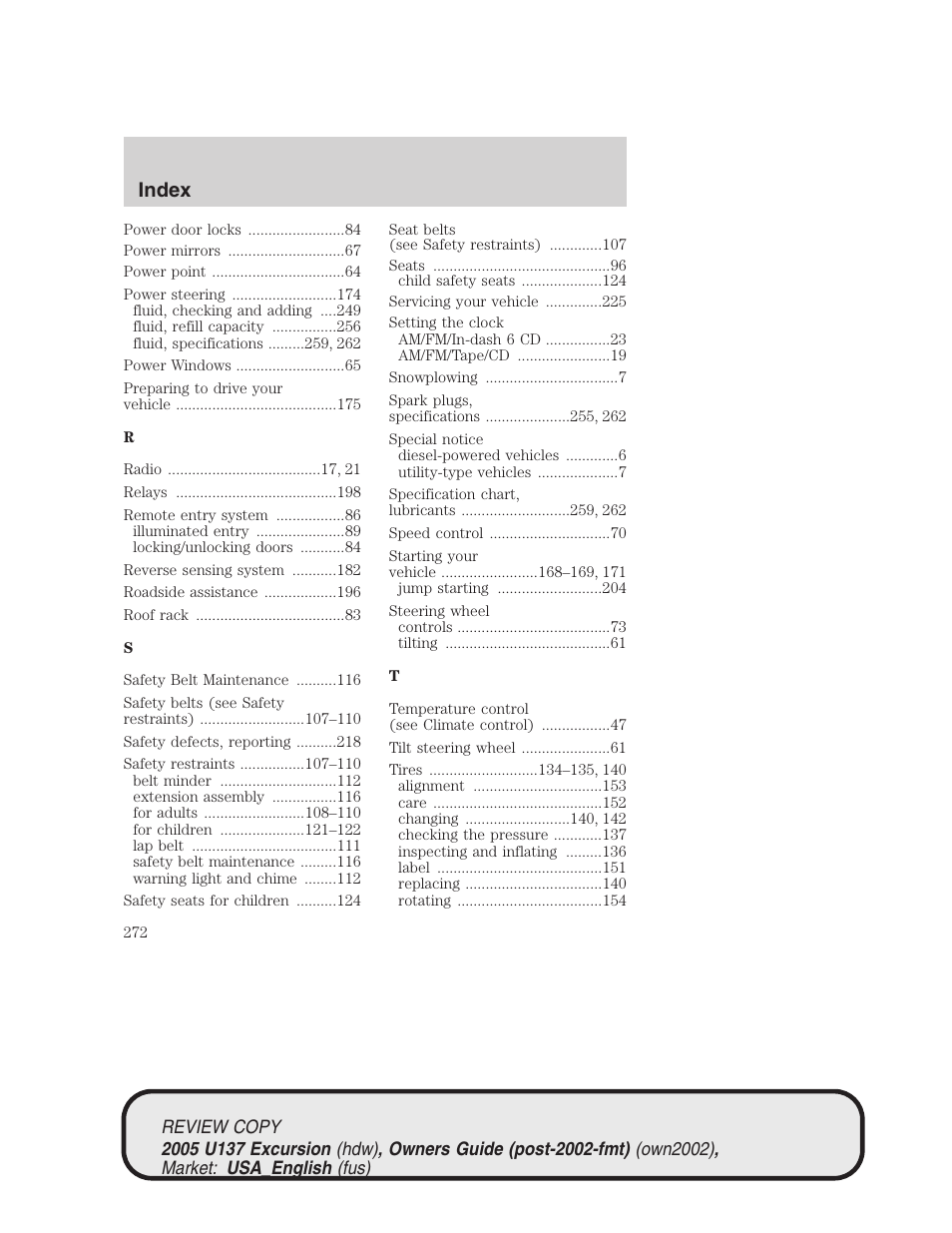 Index | FORD 2005 Excursion v.1 User Manual | Page 272 / 280