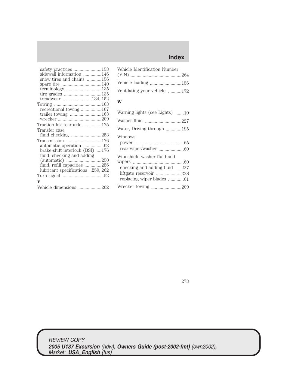 Index | FORD 2005 Excursion v.1 User Manual | Page 273 / 280