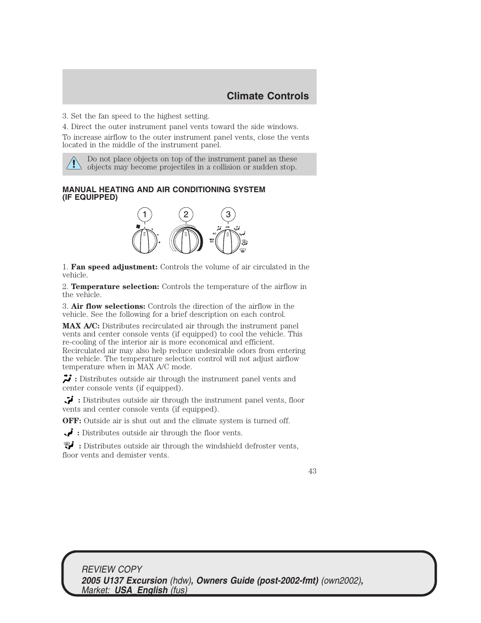 Climate controls | FORD 2005 Excursion v.1 User Manual | Page 43 / 280