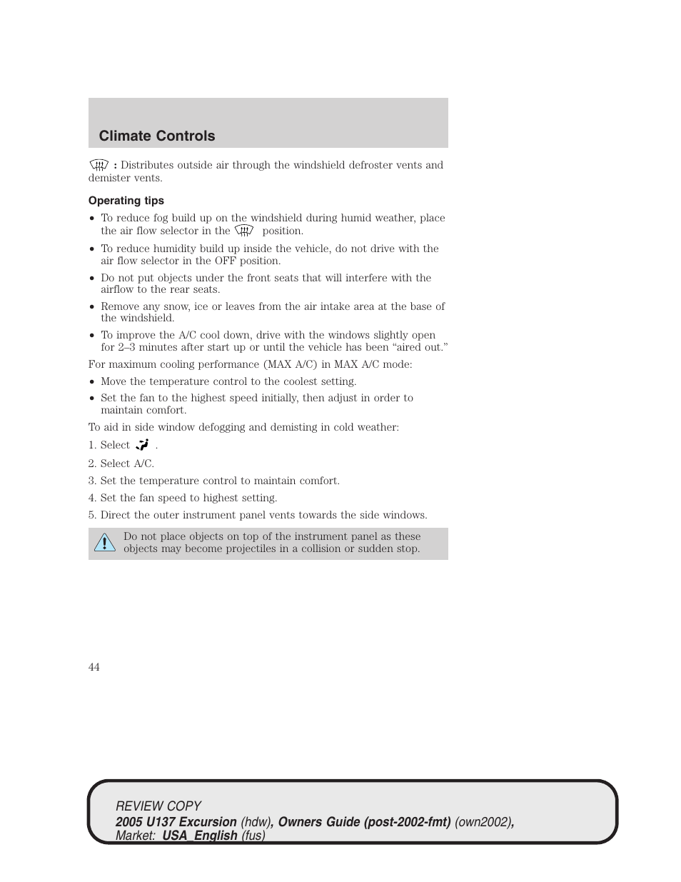 Climate controls | FORD 2005 Excursion v.1 User Manual | Page 44 / 280