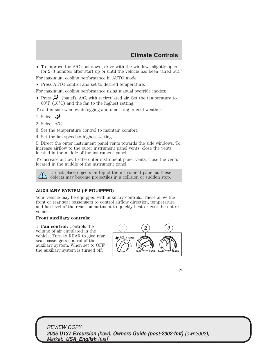 Climate controls | FORD 2005 Excursion v.1 User Manual | Page 47 / 280