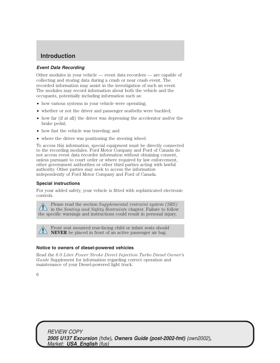 Introduction | FORD 2005 Excursion v.1 User Manual | Page 6 / 280
