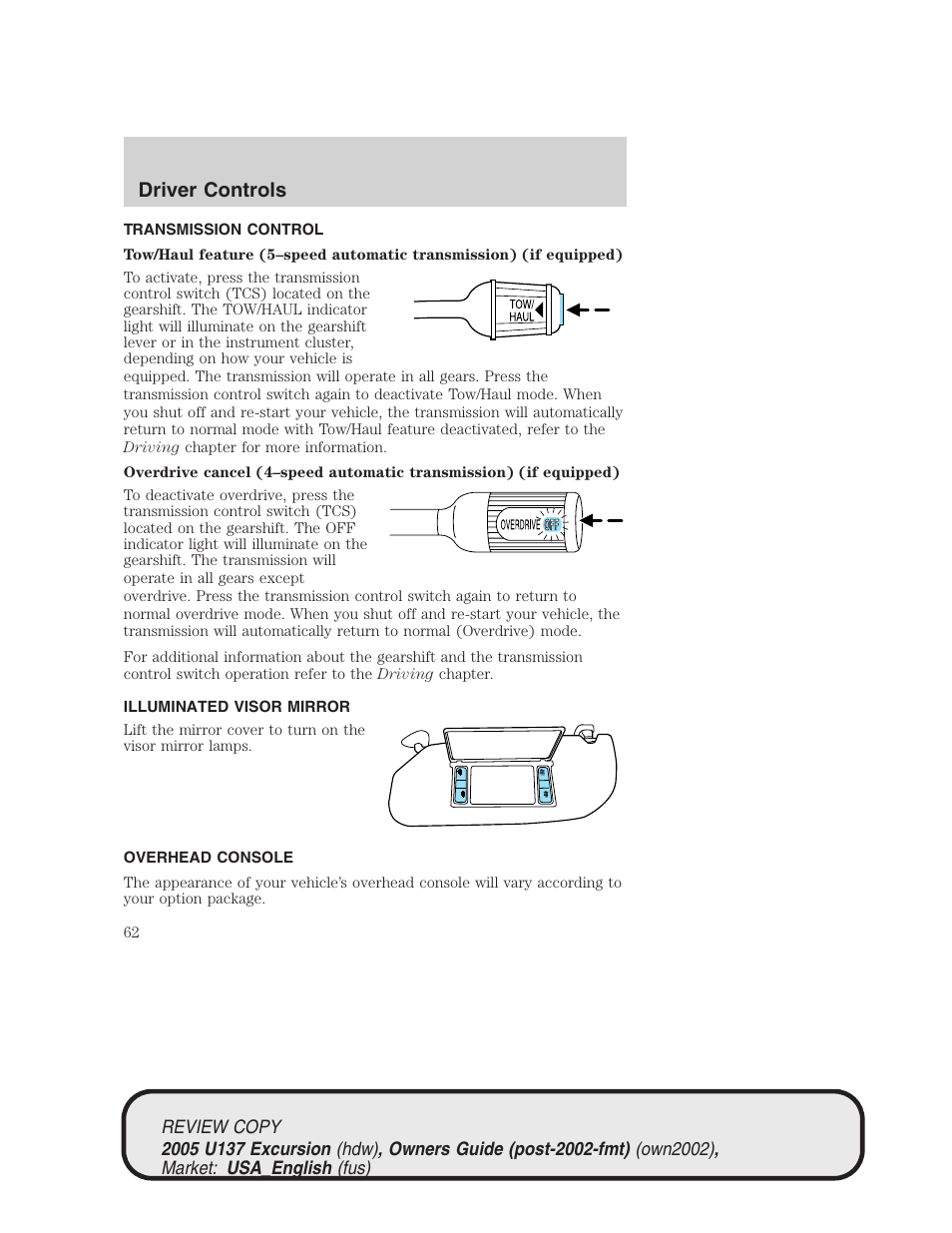 Driver controls | FORD 2005 Excursion v.1 User Manual | Page 62 / 280