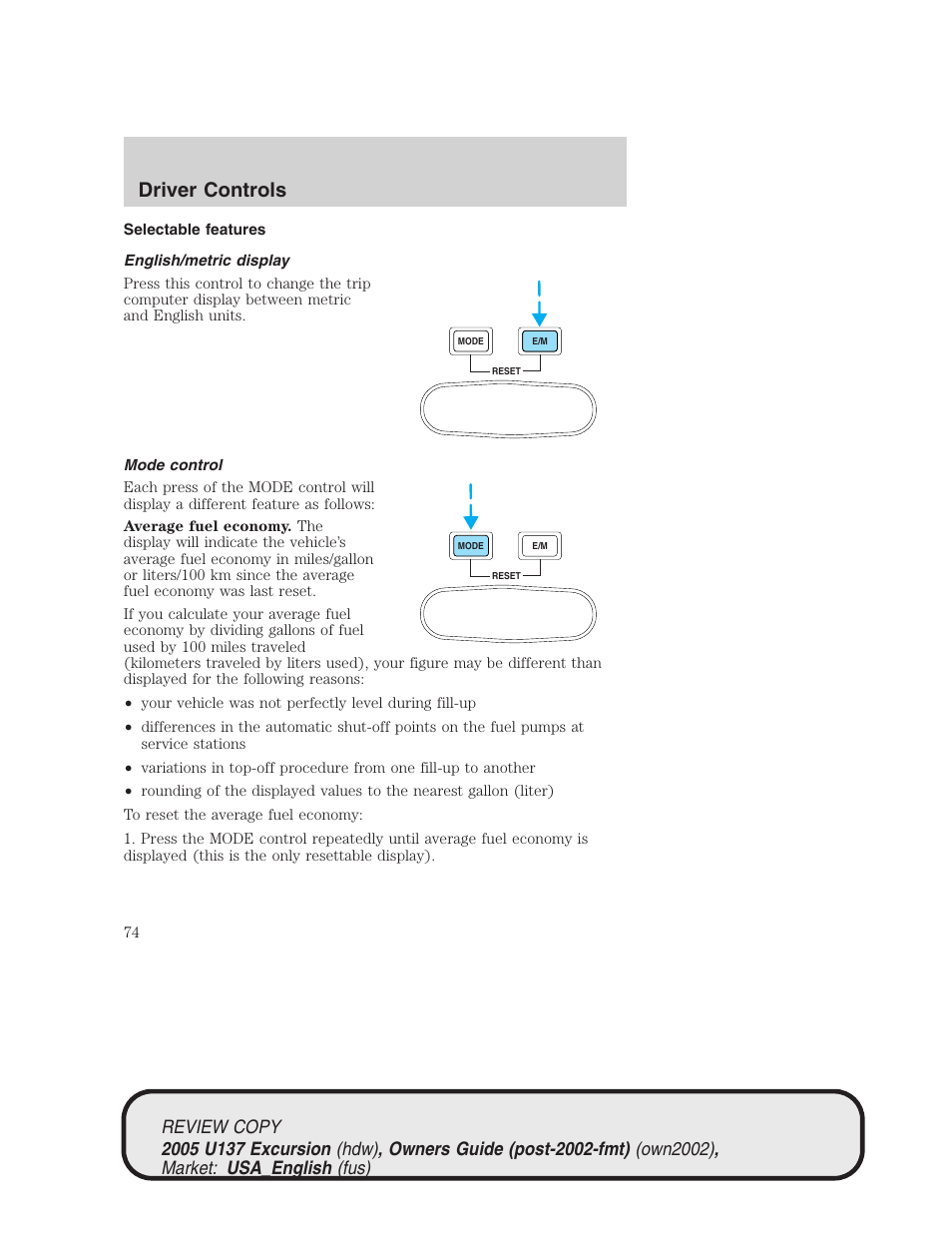 Driver controls | FORD 2005 Excursion v.1 User Manual | Page 74 / 280