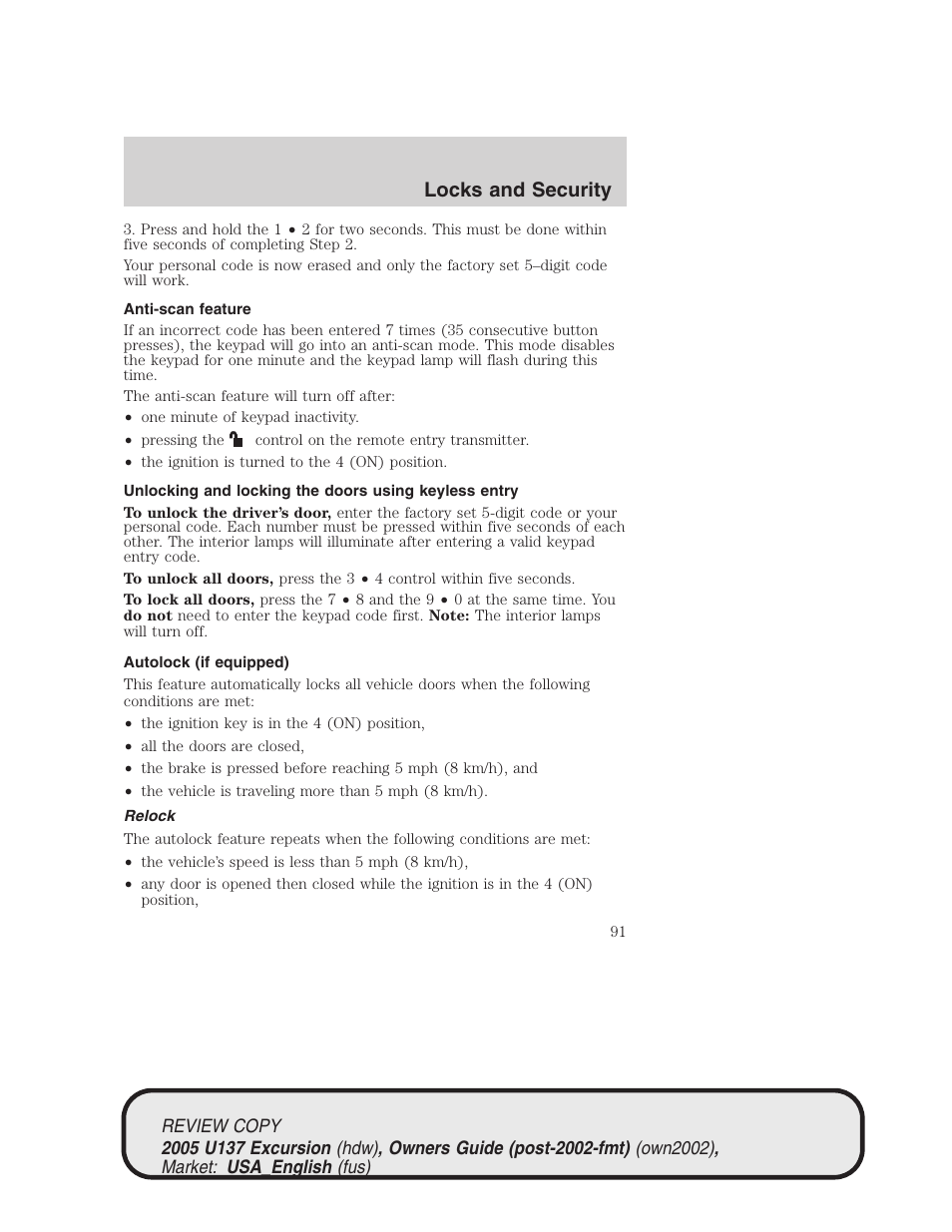 Locks and security | FORD 2005 Excursion v.1 User Manual | Page 91 / 280