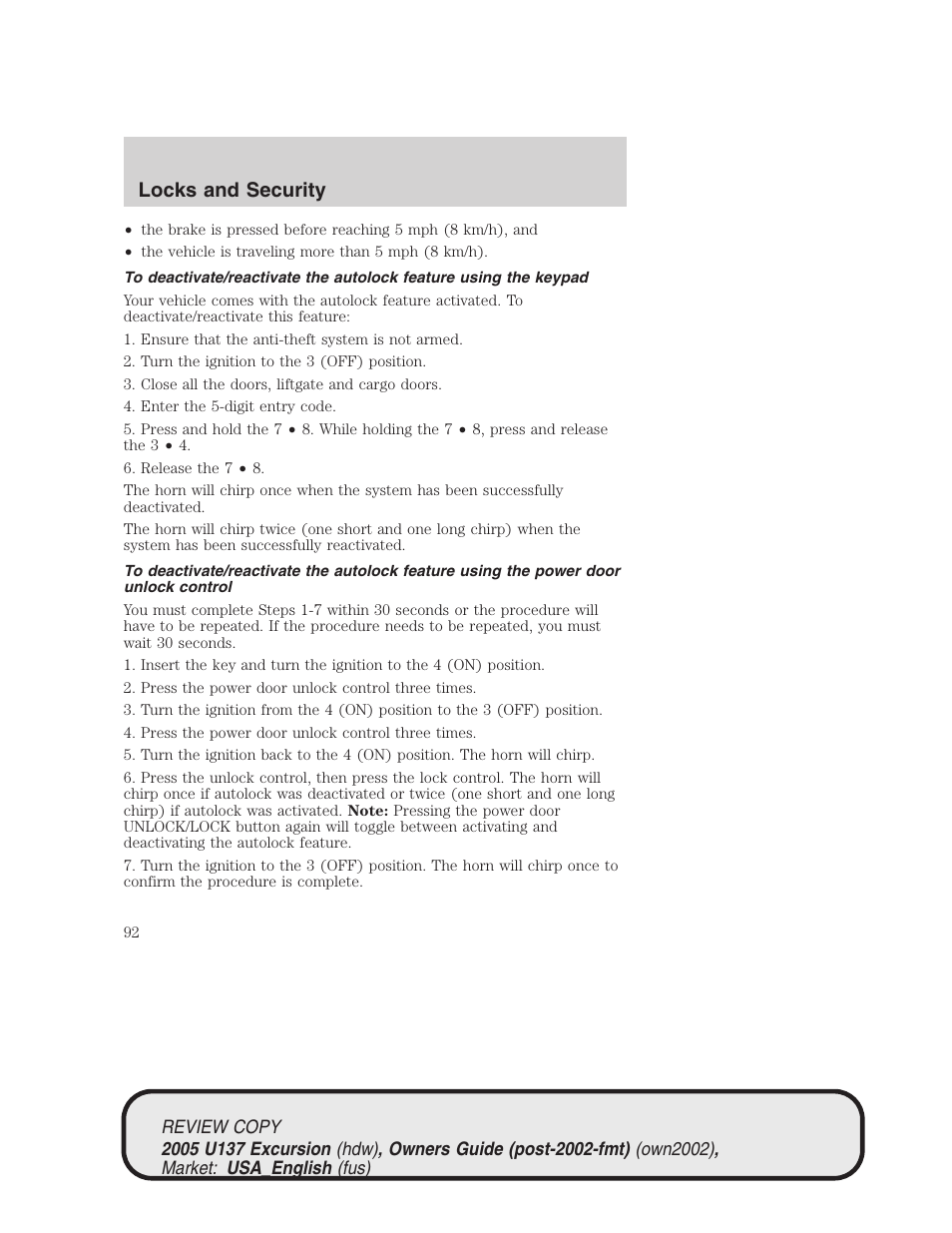 Locks and security | FORD 2005 Excursion v.1 User Manual | Page 92 / 280