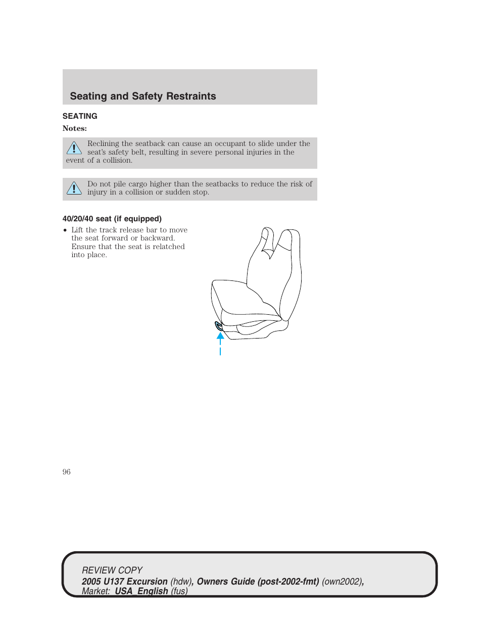 Seating and safety restraints | FORD 2005 Excursion v.1 User Manual | Page 96 / 280