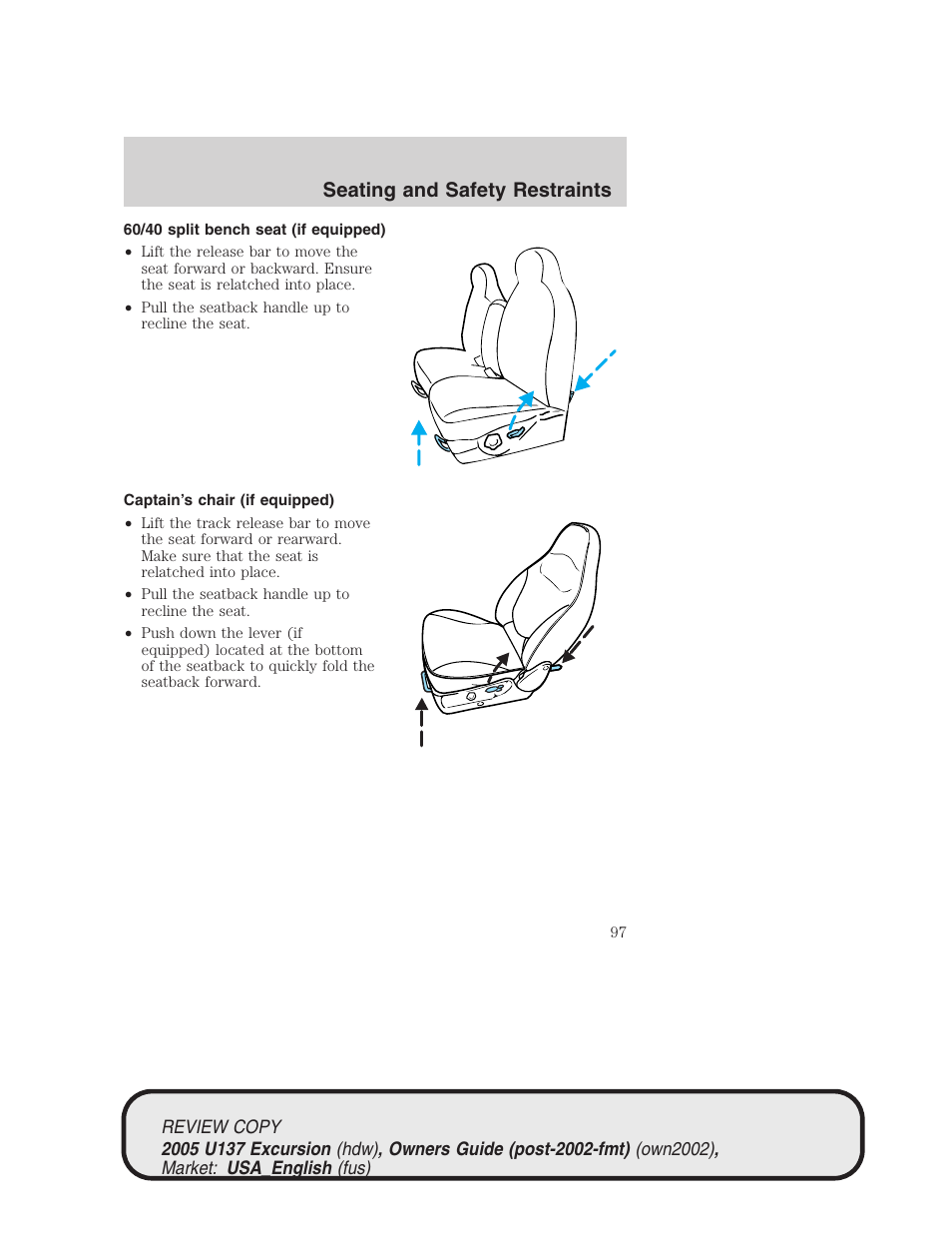 Seating and safety restraints | FORD 2005 Excursion v.1 User Manual | Page 97 / 280