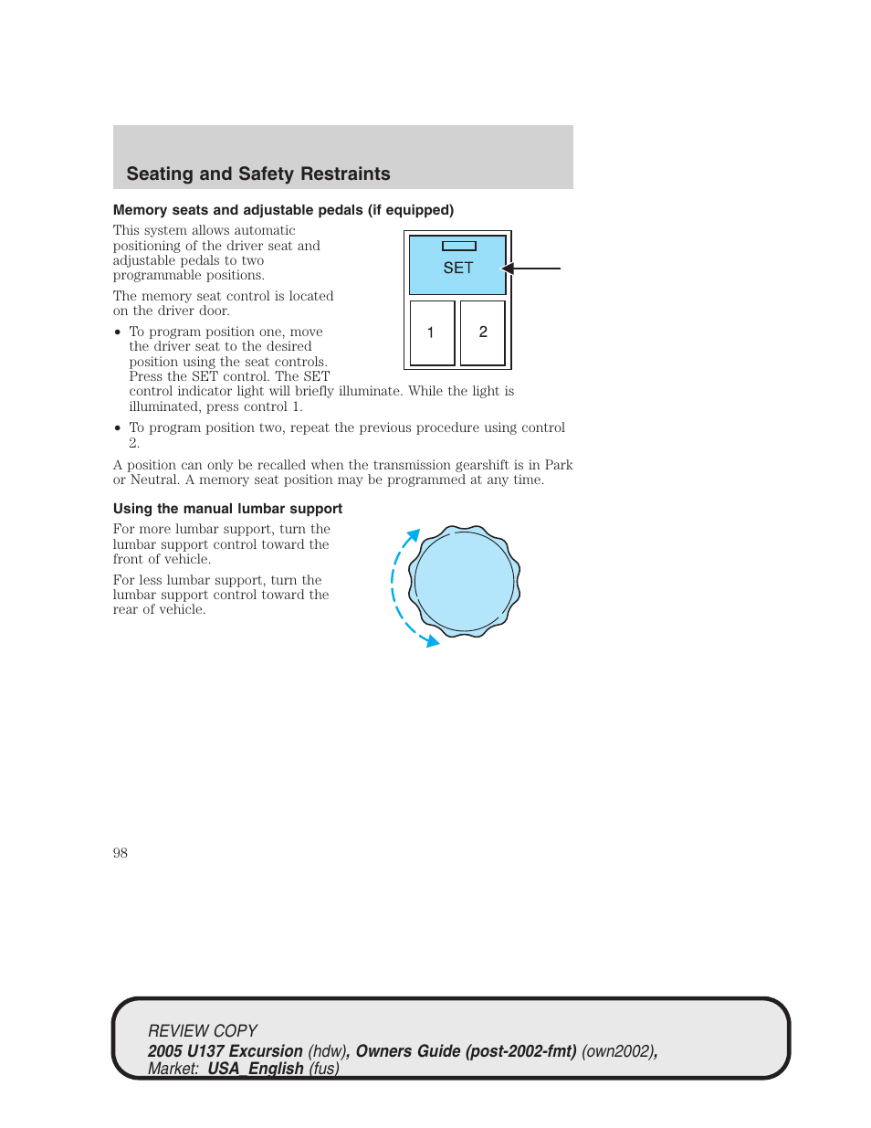 Seating and safety restraints | FORD 2005 Excursion v.1 User Manual | Page 98 / 280