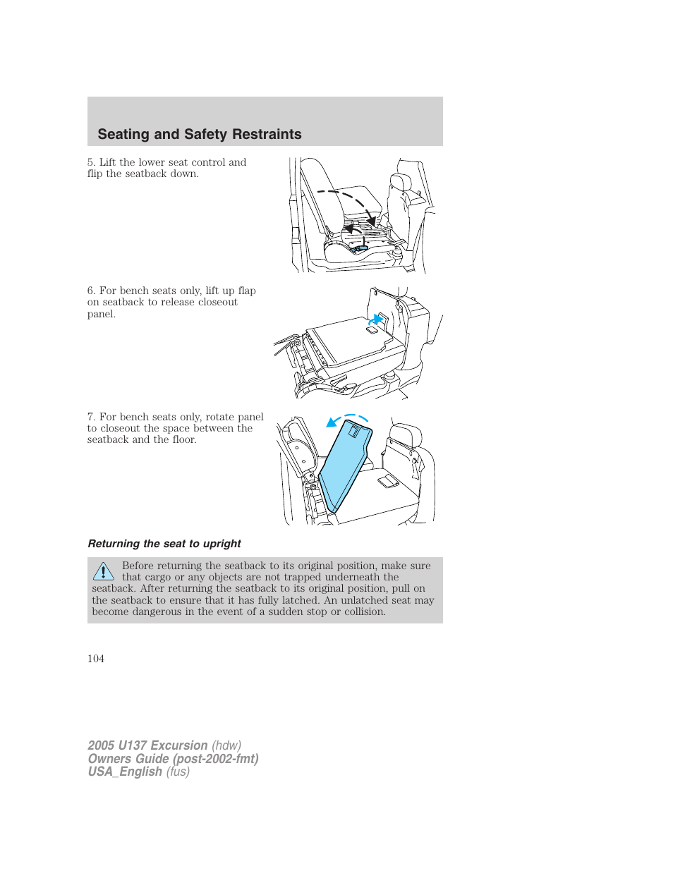 Seating and safety restraints | FORD 2005 Excursion v.2 User Manual | Page 104 / 280