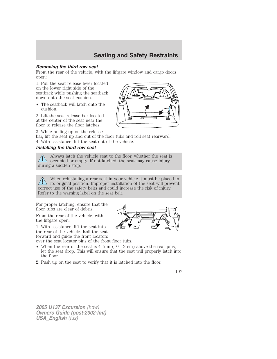 Seating and safety restraints | FORD 2005 Excursion v.2 User Manual | Page 107 / 280