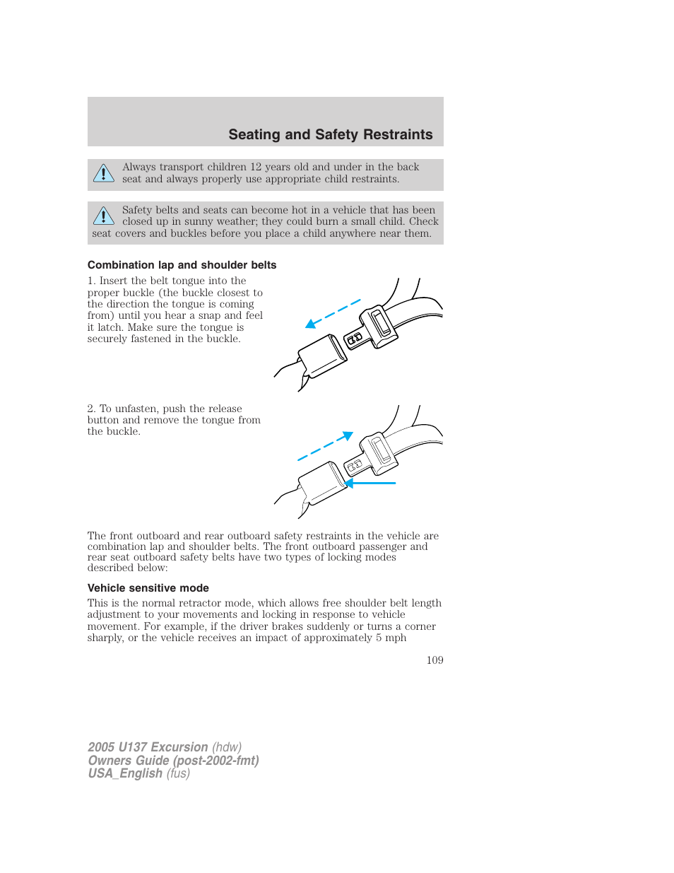 Seating and safety restraints | FORD 2005 Excursion v.2 User Manual | Page 109 / 280